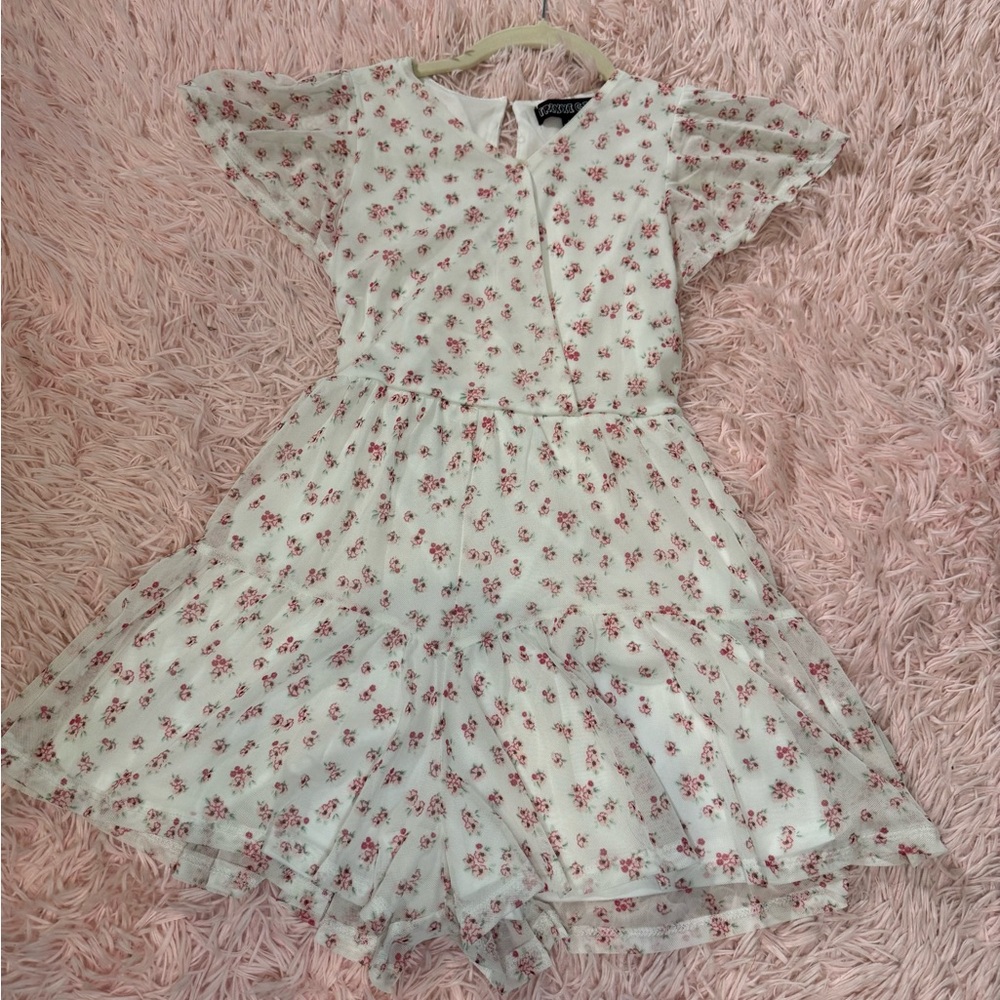 Girls Floral Chiffon Fit-and-Flare Romper - White with Pink Floral Print